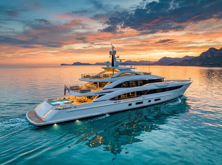 Un lussuoso superyacht ISA Belita naviga su acque calme al tramonto, con design elegante e ponti spaziosi. (Immagine generata con IA)