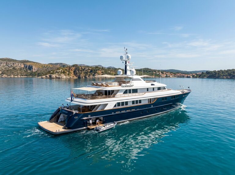 Superyacht Cerulean, un'elegante imbarcazione classica di 229 piedi con una grande piattaforma da bagno, naviga in acque turchesi (Immagine generata con IA).