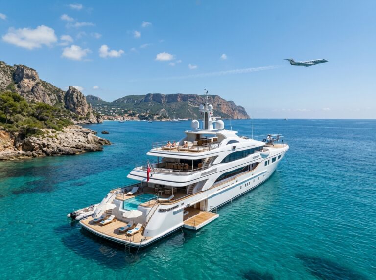 Un lussuoso superyacht bianco ormeggiato in una baia dalle acque turchesi, sotto un cielo azzurro. In lontananza, si intravede un elegante jet privato, simbolo di viaggi esclusivi. (Immagine generata con IA)
