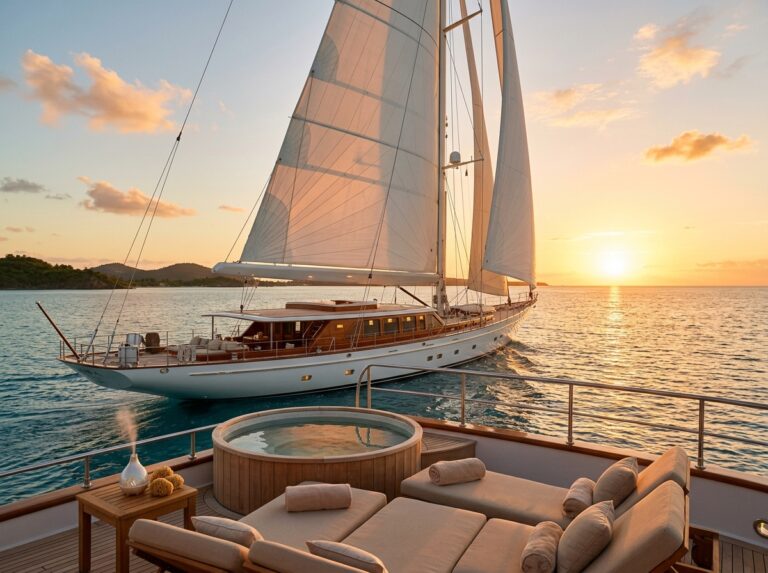 Un lussuoso yacht a vela Orient Express naviga su acque cristalline al tramonto, con una zona spa esterna elegantemente allestita sul ponte. (Immagine generata con IA)