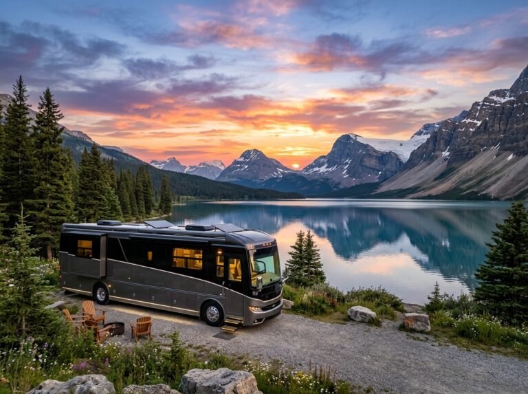 Un motorhome di lusso parcheggiato in un paesaggio alpino al tramonto, che evoca libertà e comfort esclusivo. (Immagine generata con IA)