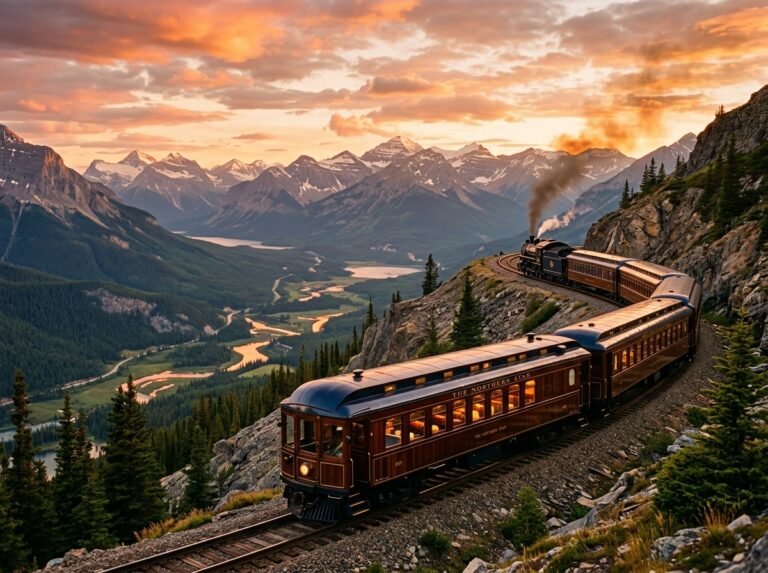 Treno di lusso d'epoca che attraversa un vasto paesaggio montano al tramonto, con carrozze eleganti e finestrini panoramici (Immagine generata con IA).