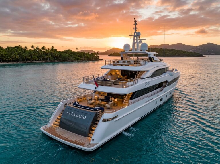 Superyacht LA LA LAND in navigazione nelle acque cristalline dei Caraibi al tramonto, con lussuosi arredi sul ponte (Immagine generata con IA)