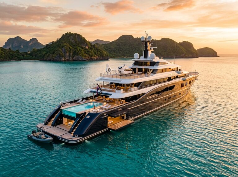 Un superyacht Lürssen di oltre 125 metri all'ancora in acque cristalline al tramonto, simbolo di lusso e grandezza. (Immagine generata con IA)