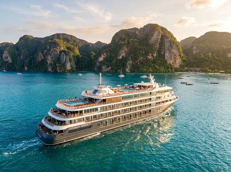 Lussuosa nave da crociera Explora Journeys naviga nelle acque cristalline della Thailandia, con formazioni rocciose calcaree sullo sfondo (Immagine generata con IA).