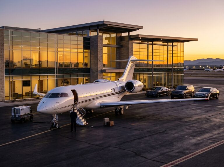 Un lussuoso jet privato parcheggiato su una pista al tramonto, con un elegante terminal di aviazione privata sullo sfondo, che simboleggia l'espansione del network di servizi di lusso per il volo privato (Immagine generata con IA).