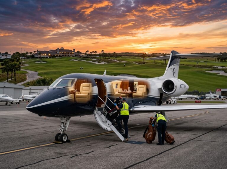 Jet privato di lusso su una pista d'atterraggio al tramonto, con un campo da golf in lontananza e equipaggiamento da golf in fase di caricamento. (Immagine generata con IA)