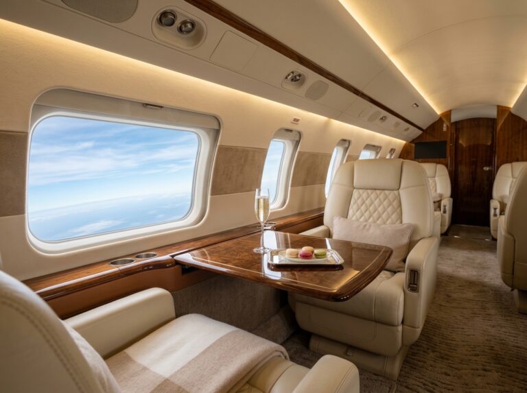 Interni lussuosi di un jet privato con sedili in pelle e un bicchiere di champagne, che simboleggiano il futuro dei viaggi esclusivi. (Immagine generata con IA)