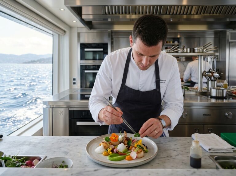 Uno chef gourmet prepara con cura un piatto raffinato in una cucina moderna e lussuosa a bordo di un superyacht, con vista sull'oceano (Immagine generata con IA).