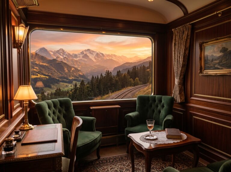 Interno di una suite di lusso su un treno storico, con grandi finestre che offrono una vista panoramica sulle montagne al tramonto. Arredi in legno lucido e sedute in velluto contribuiscono a creare un'atmosfera elegante e confortevole. (Immagine generata con IA)