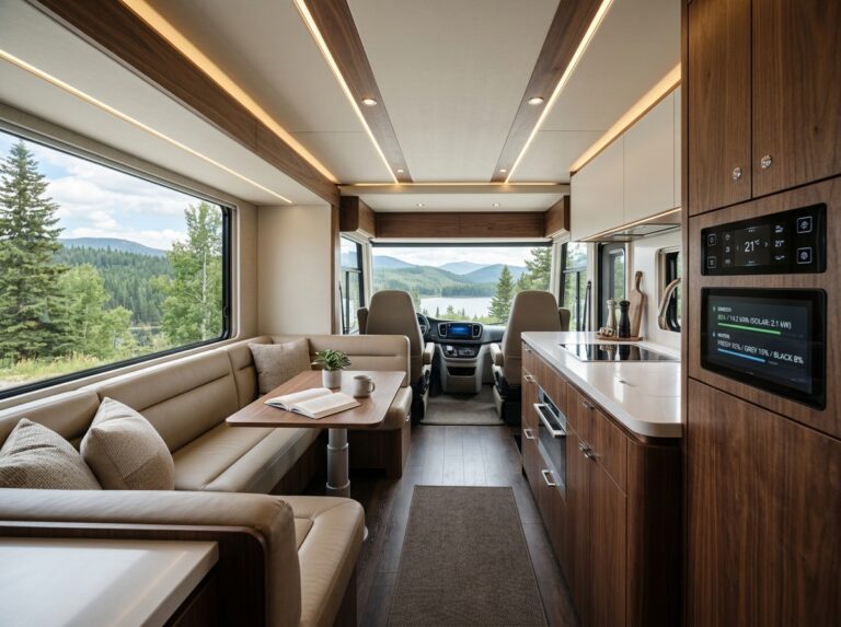 Interni di un motorhome di lusso con un sistema di monitoraggio energetico avanzato, che simboleggia autonomia e comfort. (Immagine generata con IA)