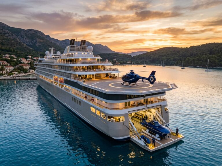 Una lussuosa nave da crociera a sei stelle al tramonto, con un elicottero sul ponte superiore e un sottomarino personale in procinto di essere varato, simboleggiando avventura e opulenza in un viaggio esclusivo (Immagine generata con IA).