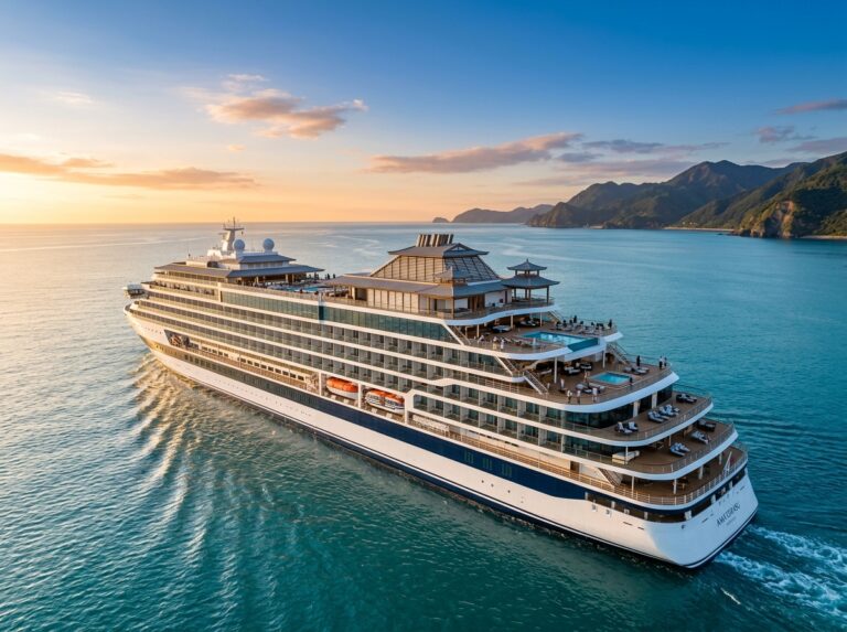 Una lussuosa nave da crociera Mitsui Ocean Cruises naviga in acque cristalline, simbolo di eleganza e comfort marittimo, con un design che evoca la sofisticazione giapponese (Immagine generata con IA).