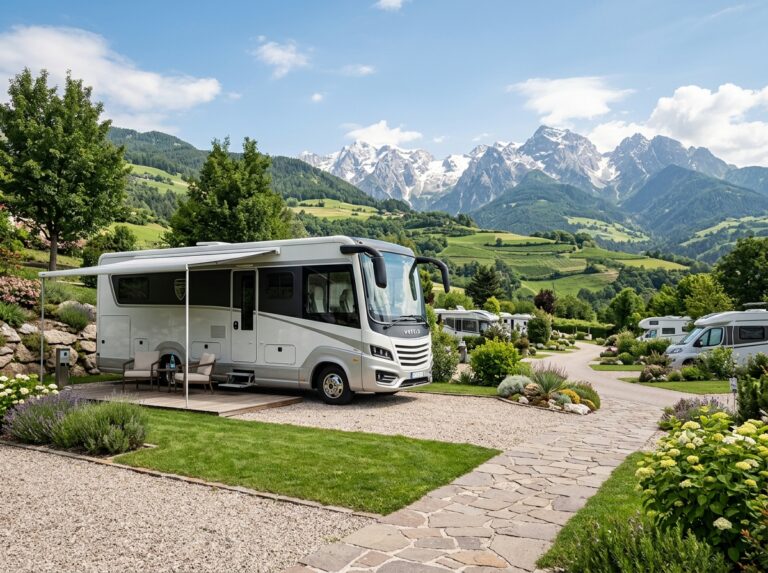 Un moderno motorhome di lusso parcheggiato in un'elegante area sosta tra le verdi colline di Berbenno, con maestose montagne in lontananza, che offre comfort e serenità per viaggi esclusivi. (Immagine generata con IA)