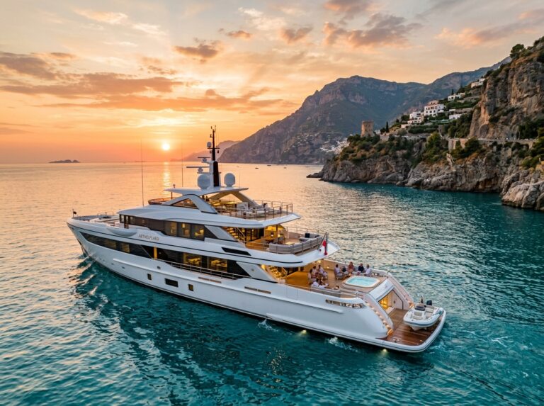 Un lussuoso superyacht italiano naviga su acque cristalline al tramonto, con una costa mediterranea pittoresca sullo sfondo, simbolo di eleganza e design nautico. (Immagine generata con IA)
