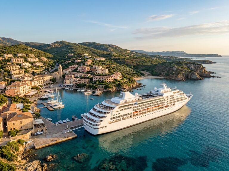 Una lussuosa nave da crociera bianca ormeggiata in un incantevole porto in Sardegna, circondata da acque cristalline e una costa suggestiva. (Immagine generata con IA)