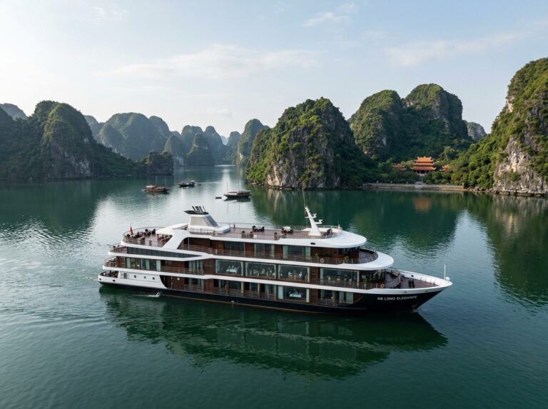 Lussuosa nave da crociera naviga in una baia mozzafiato del Vietnam, con formazioni rocciose calcaree sullo sfondo, evocando un viaggio tra cultura e natura incontaminata (Immagine generata con IA).