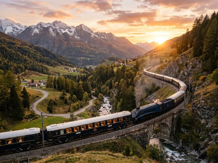 Il leggendario treno Orient Express attraversa un paesaggio montano europeo al tramonto, i suoi vagoni blu e oro riflettono la luce dorata, simbolo di un viaggio di lusso senza tempo. (Immagine generata con IA)