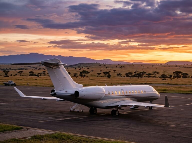 Un elegante jet privato parcheggiato su una pista esclusiva al tramonto, con una lussuosa savana africana sullo sfondo. (Immagine generata con IA)